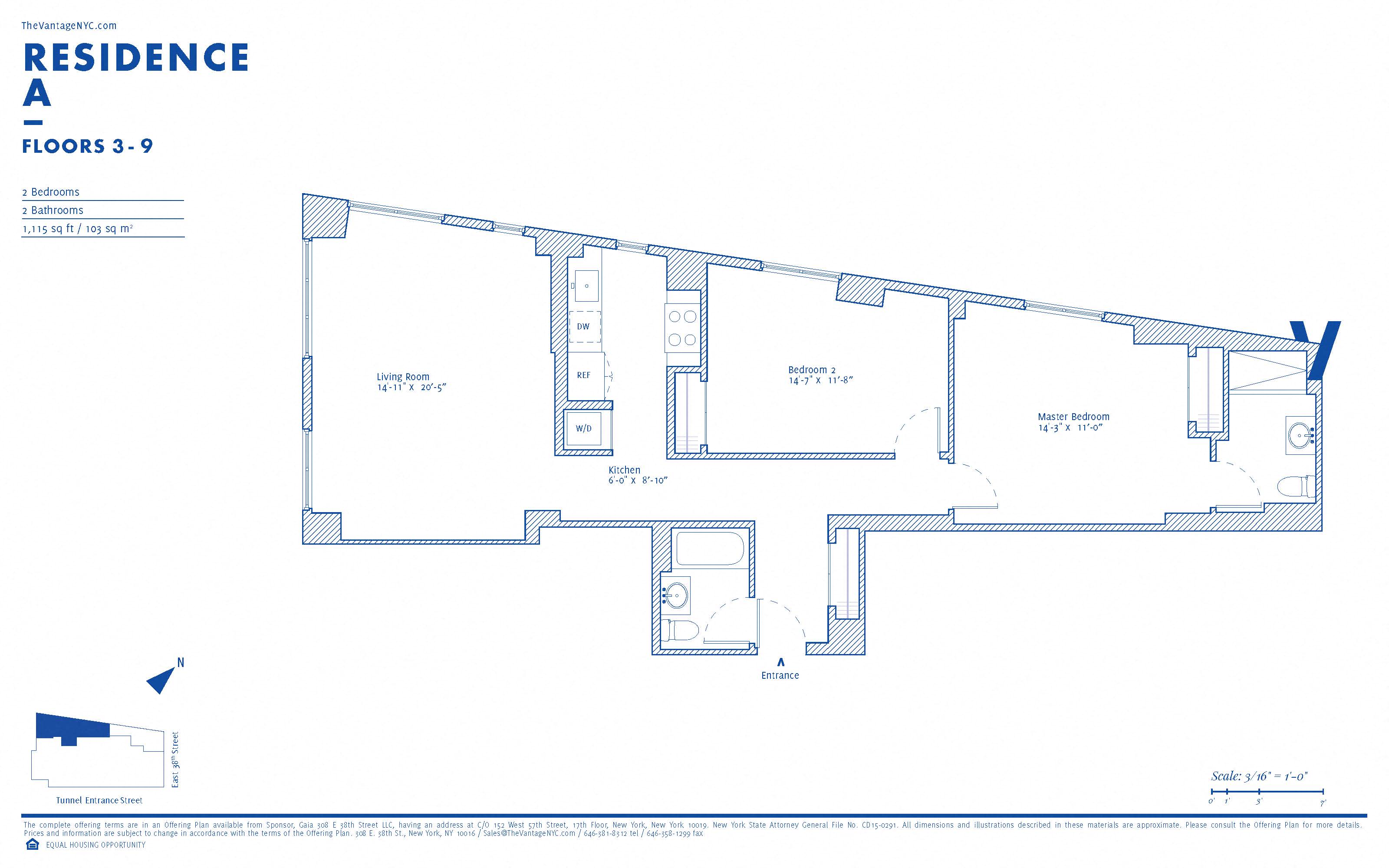 Floor plan for 1 bed, 2 baths, 1140 sqft